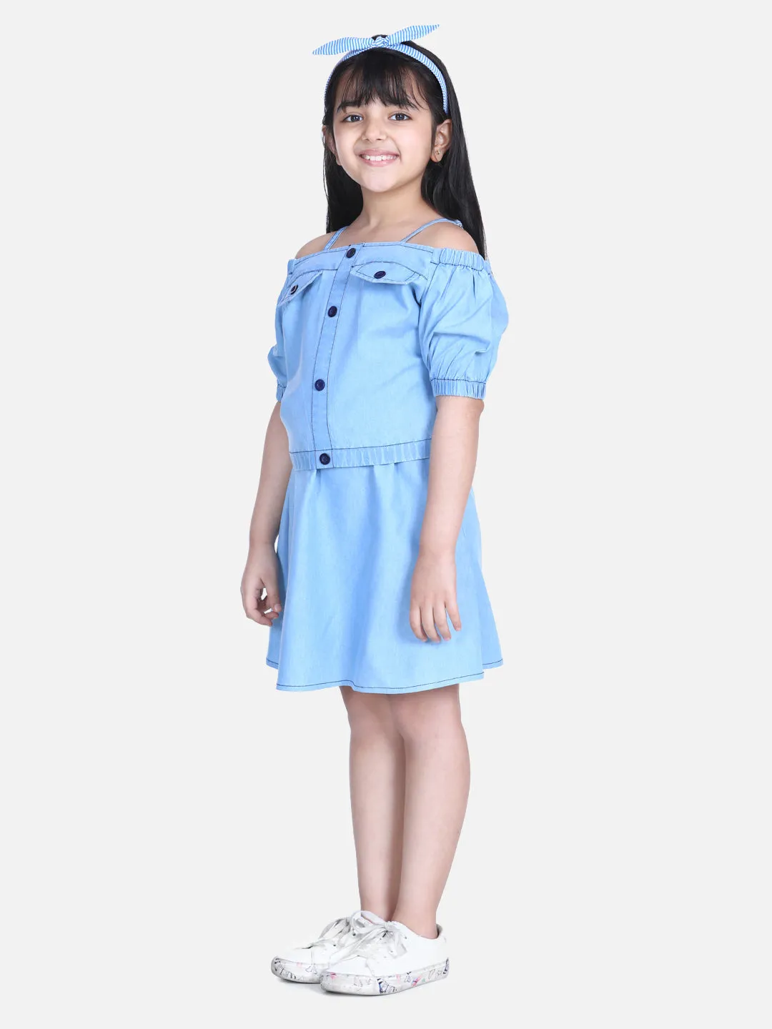 Girl's  Ice Blue Denim Top And Skirt Set - StyleStone Kid