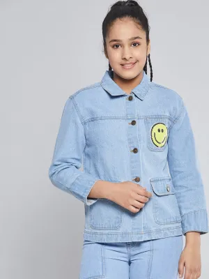 Girls Ice Blue Smiley Patch Denim Jacket - Lyush Kids