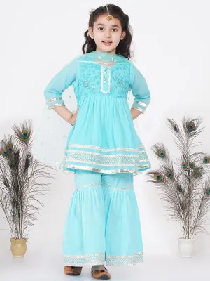 Girl's jaipuri Lacework and Gotta Patti work Kurta frock with Sharara and Dupatta - Sky Blue - Little Bansi Girls