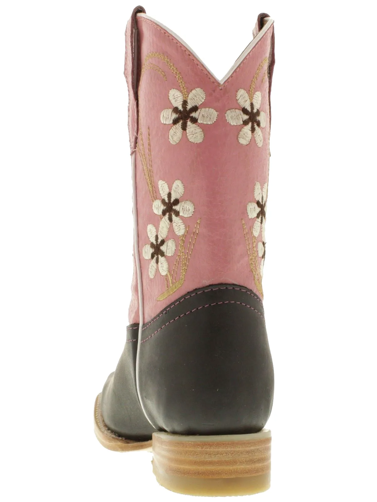 Girls Kids Black Pink Leather Flower Rodeo Square Pull On Western Cowgirl Boots