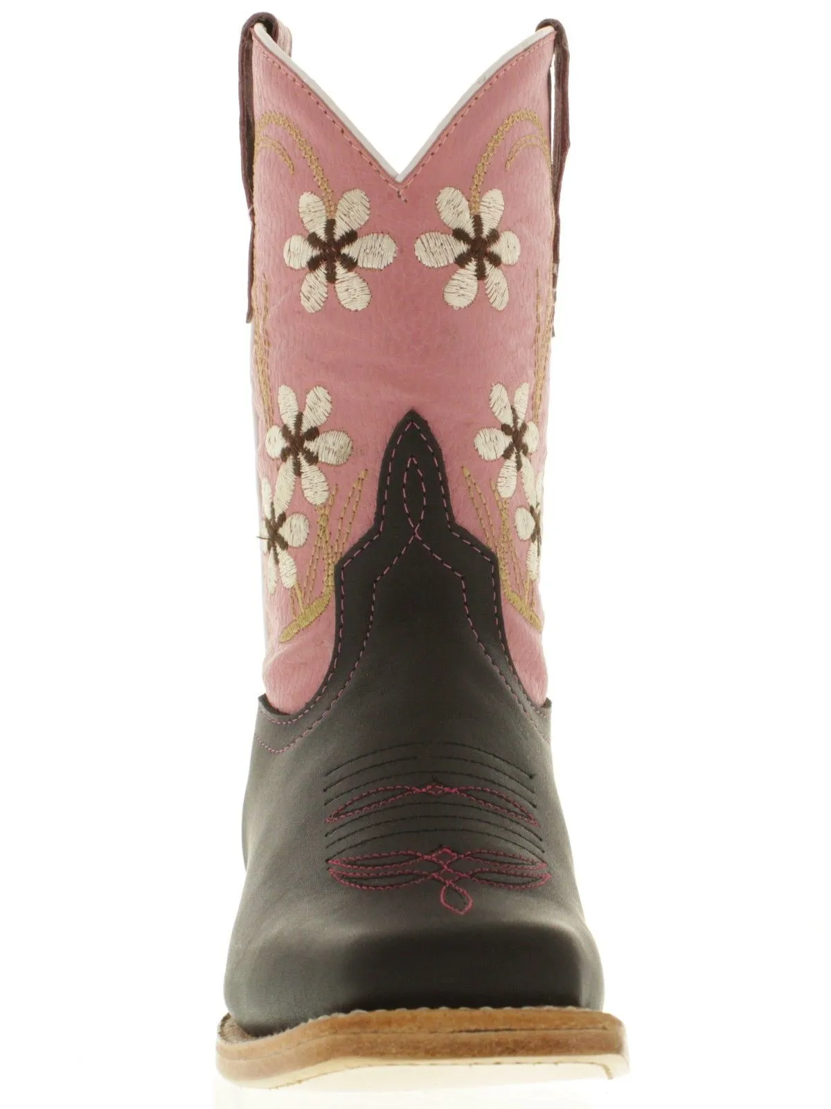 Girls Kids Black Pink Leather Flower Rodeo Square Pull On Western Cowgirl Boots