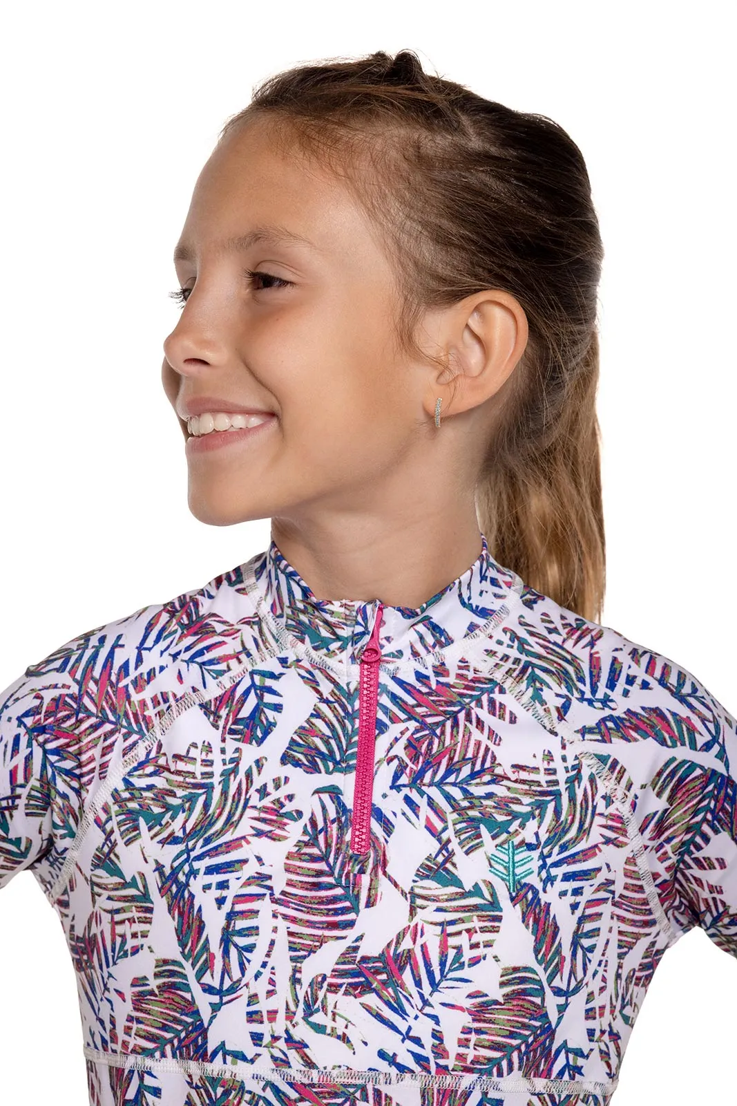 Girl's Lawai Ruche Swim Shirt  |  Magnolia Pink Beach Leaves