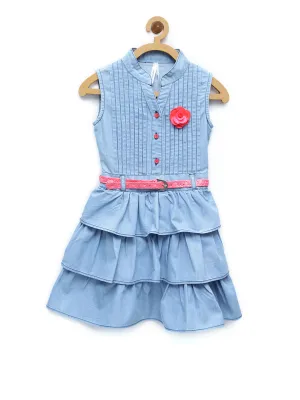 Girl's  Light Blue Denim Tiered Rose Patch Dress With Belt - StyleStone Kid