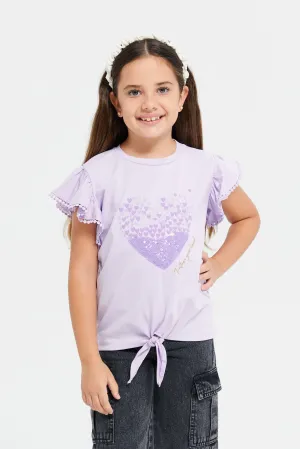 Girls Lilac Embellished Printed Front Tie T-Shirt