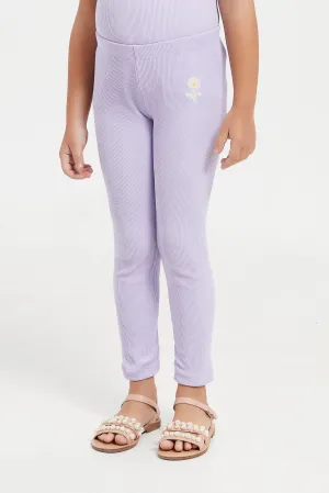 Girls Lilac Printed Ribbed Leggings