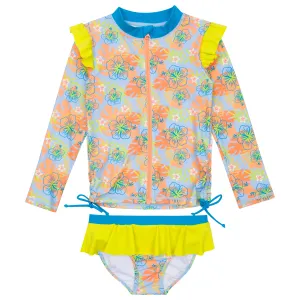 Girls Long Sleeve Rash Guard Ruffle Bottom Swimsuit Set (2 Piece) | "Groovy"