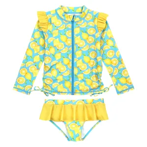 Girls Long Sleeve Rash Guard Ruffle Bottom Swimsuit Set (2 Piece) | "Lemons"