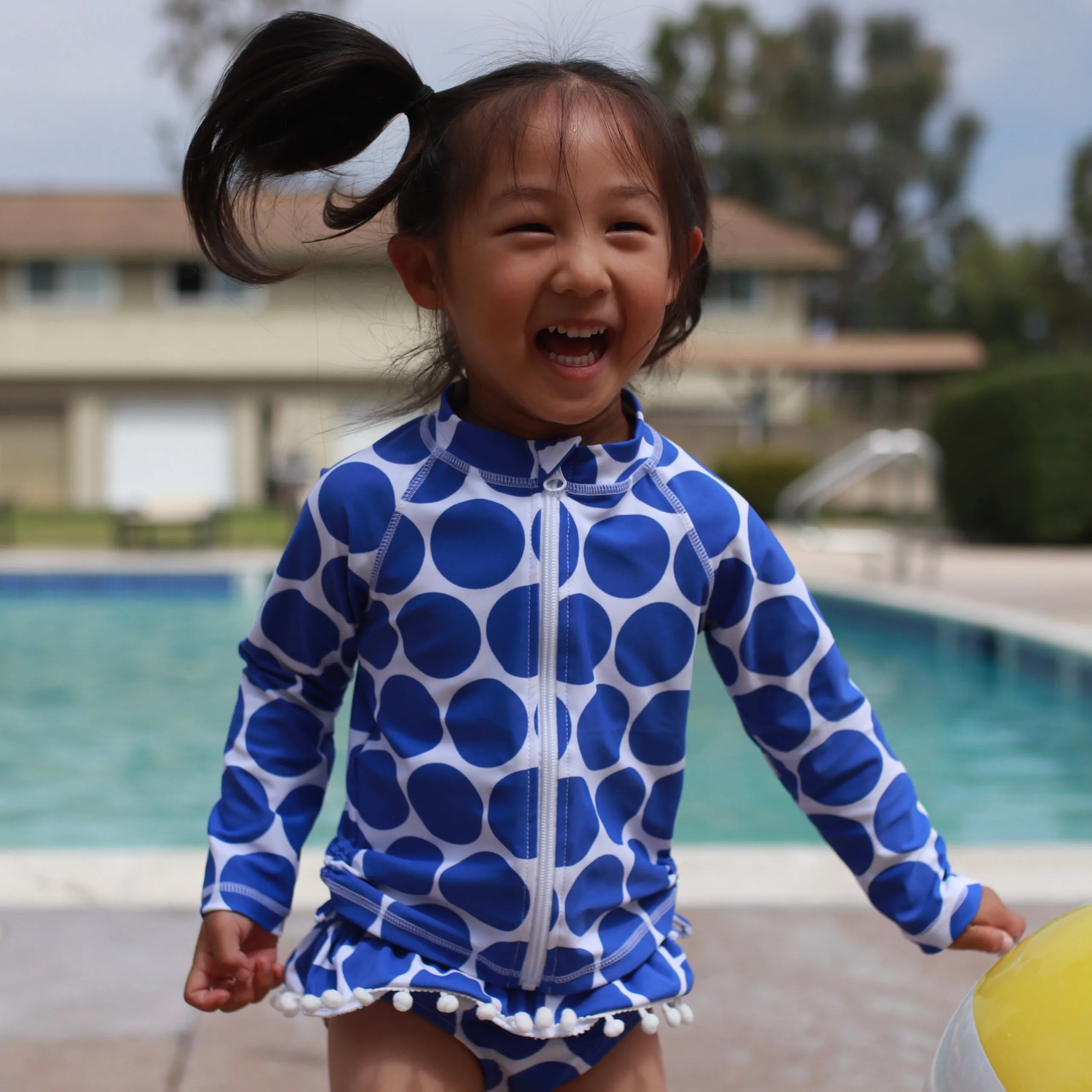 Girls Long Sleeve Rash Guard Ruffle Swimsuit Set (2 Piece) - "Oversized Dot"