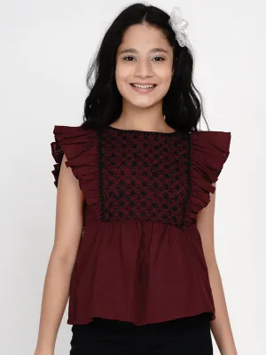 Girl's Maroon & Black Embroidered Top - Bitiya By Bhama