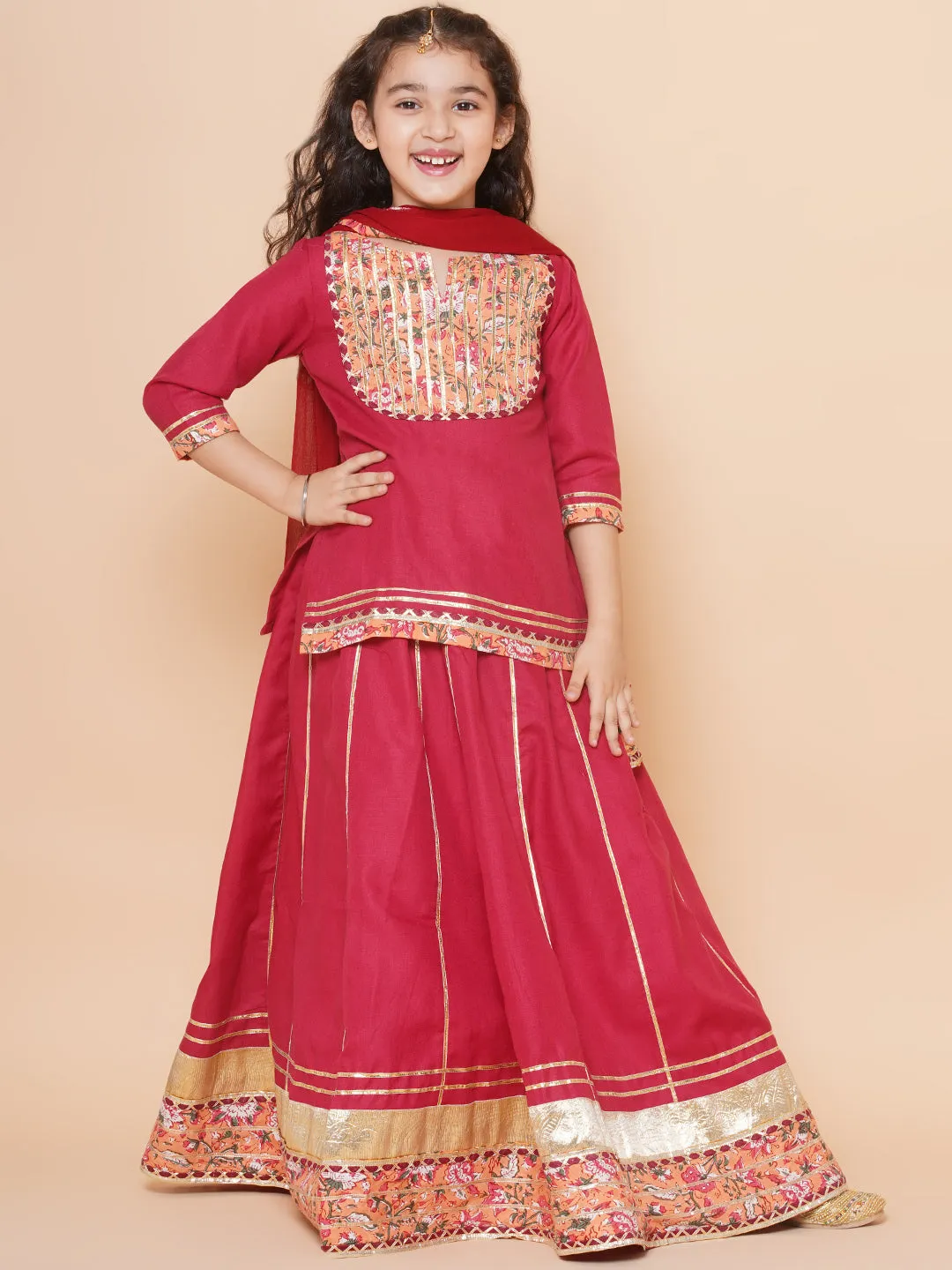 Girls Maroon & Peach Lace work kurti Ready to wear Lehenga with Dupatta