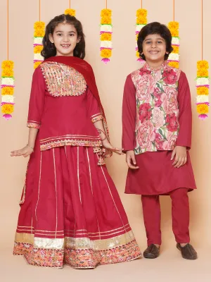 Girls Maroon & Peach Lace work kurti Ready to wear Lehenga with Dupatta