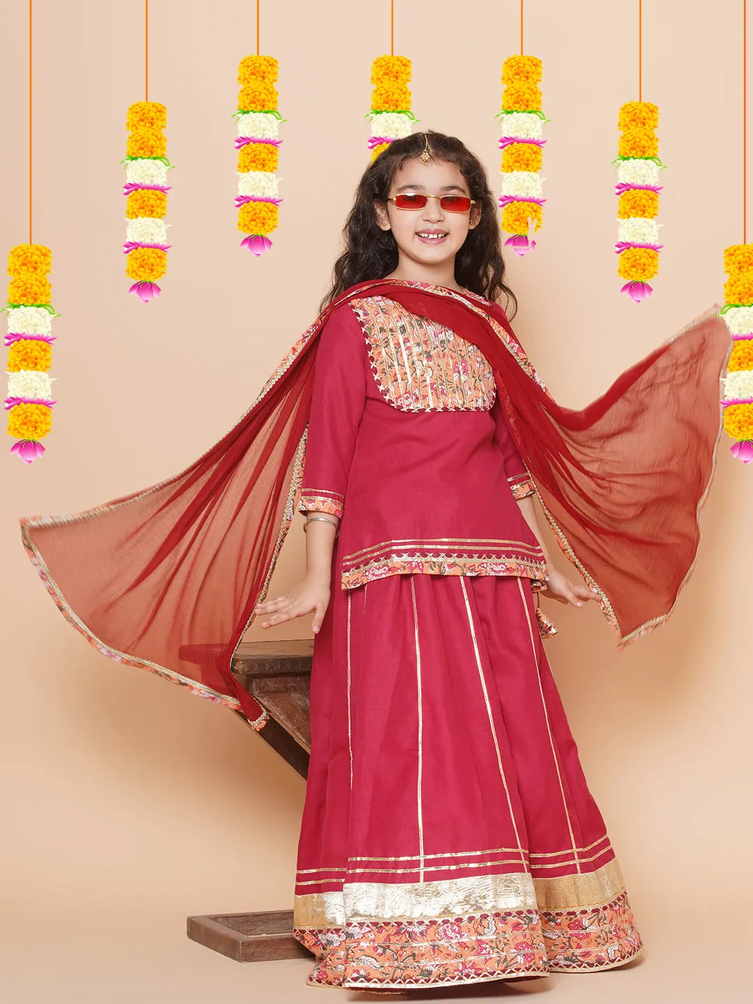 Girls Maroon & Peach Lace work kurti Ready to wear Lehenga with Dupatta