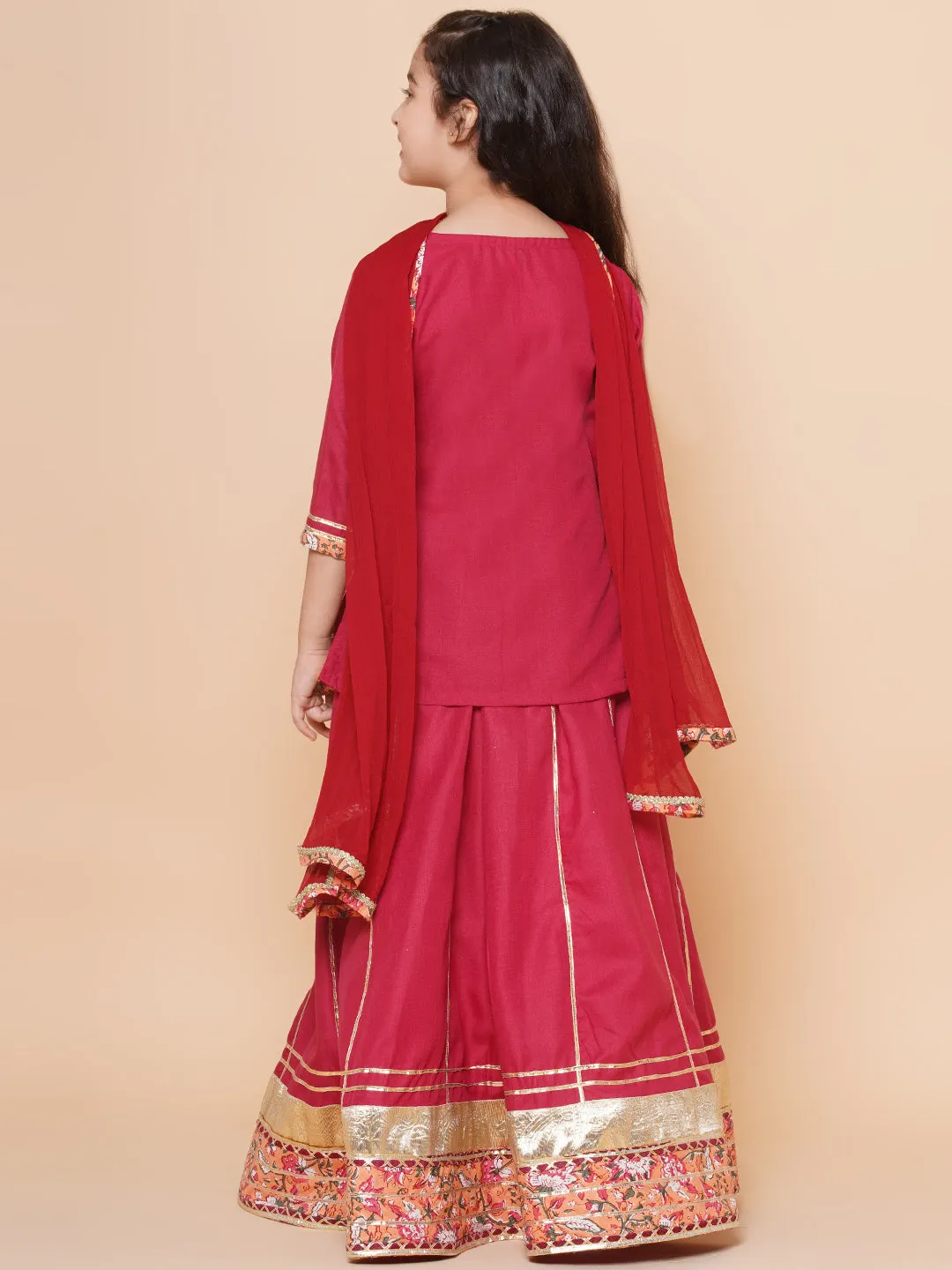 Girls Maroon & Peach Lace work kurti Ready to wear Lehenga with Dupatta