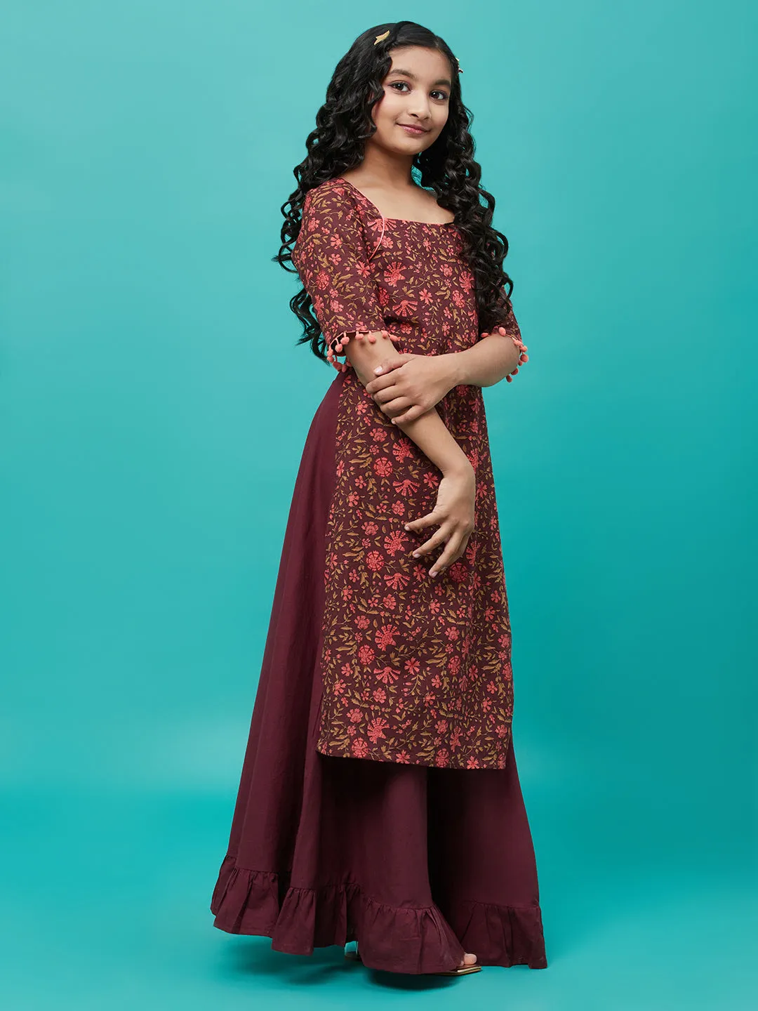 Girl's Maroon Floral Print Kurta With Skirt - Aks Girls