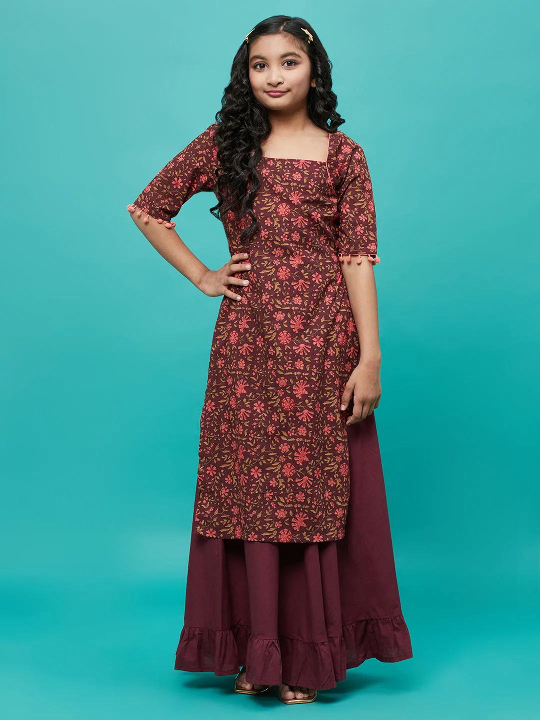 Girl's Maroon Floral Print Kurta With Skirt - Aks Girls