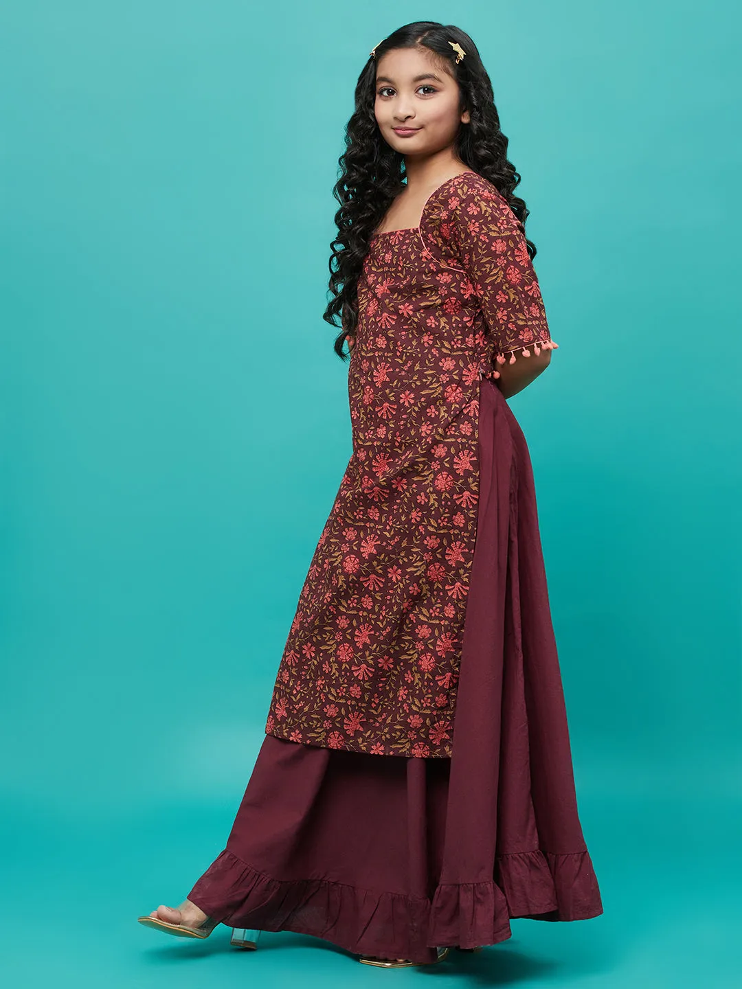 Girl's Maroon Floral Print Kurta With Skirt - Aks Girls