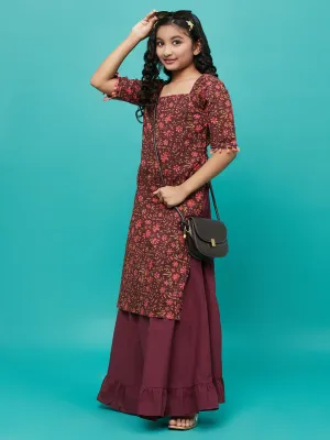 Girl's Maroon Floral Print Kurta With Skirt - Aks Girls