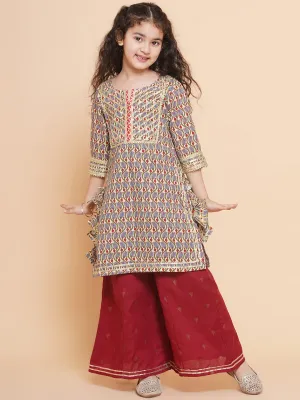 Girls Maroon Floral Printed Cotton Kurta with Sharara