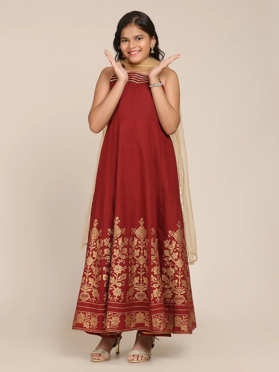 Girl's Maroon Floral Printed Kurta With Palazzos & With Dupatta - Bitiya By Bhama