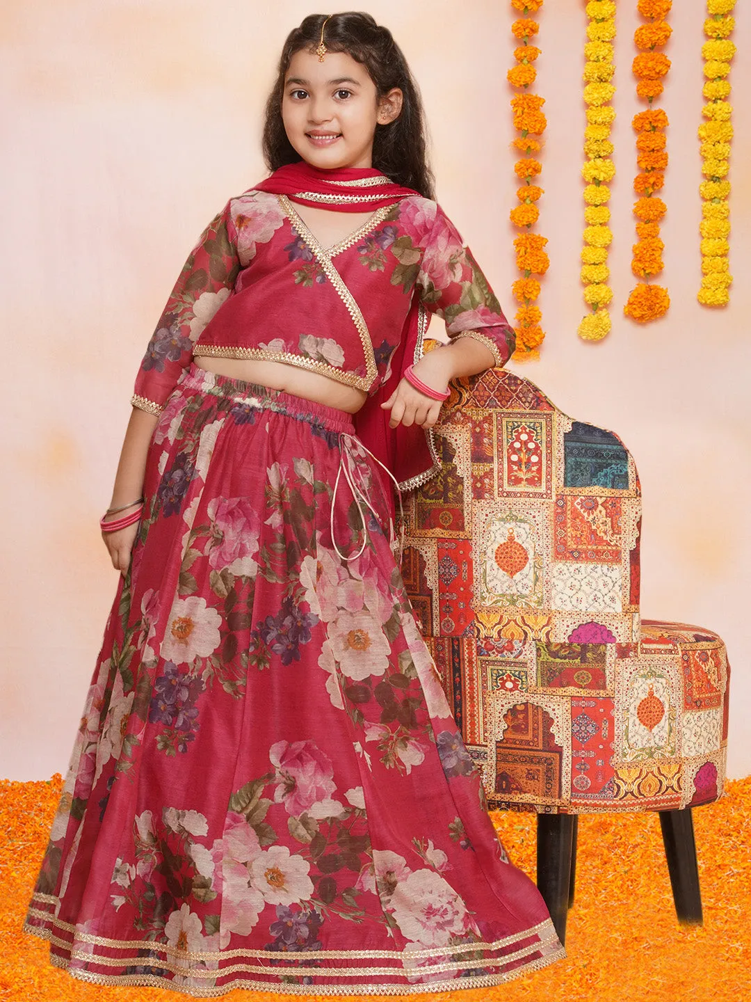 Girls Maroon Floral Printed Ready to Wear Lehenga & Blouse With Dupatta