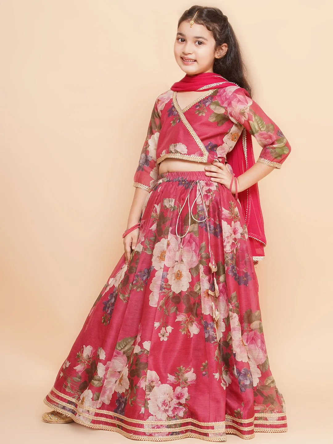 Girls Maroon Floral Printed Ready to Wear Lehenga & Blouse With Dupatta