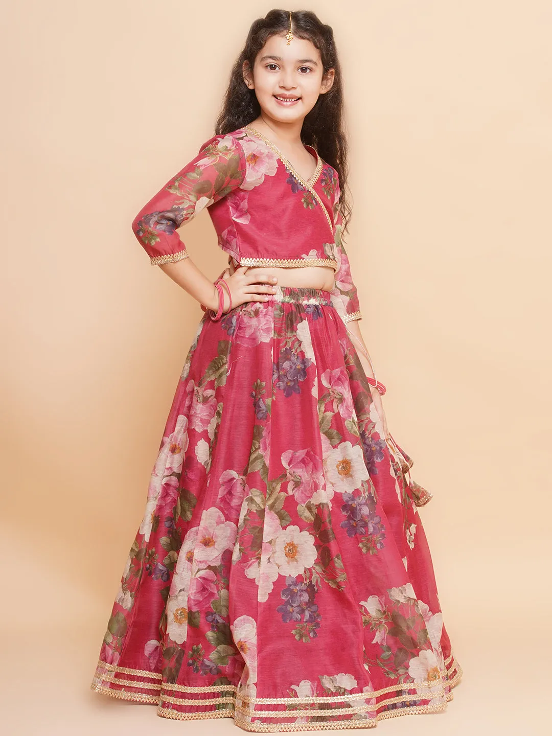 Girls Maroon Floral Printed Ready to Wear Lehenga & Blouse With Dupatta