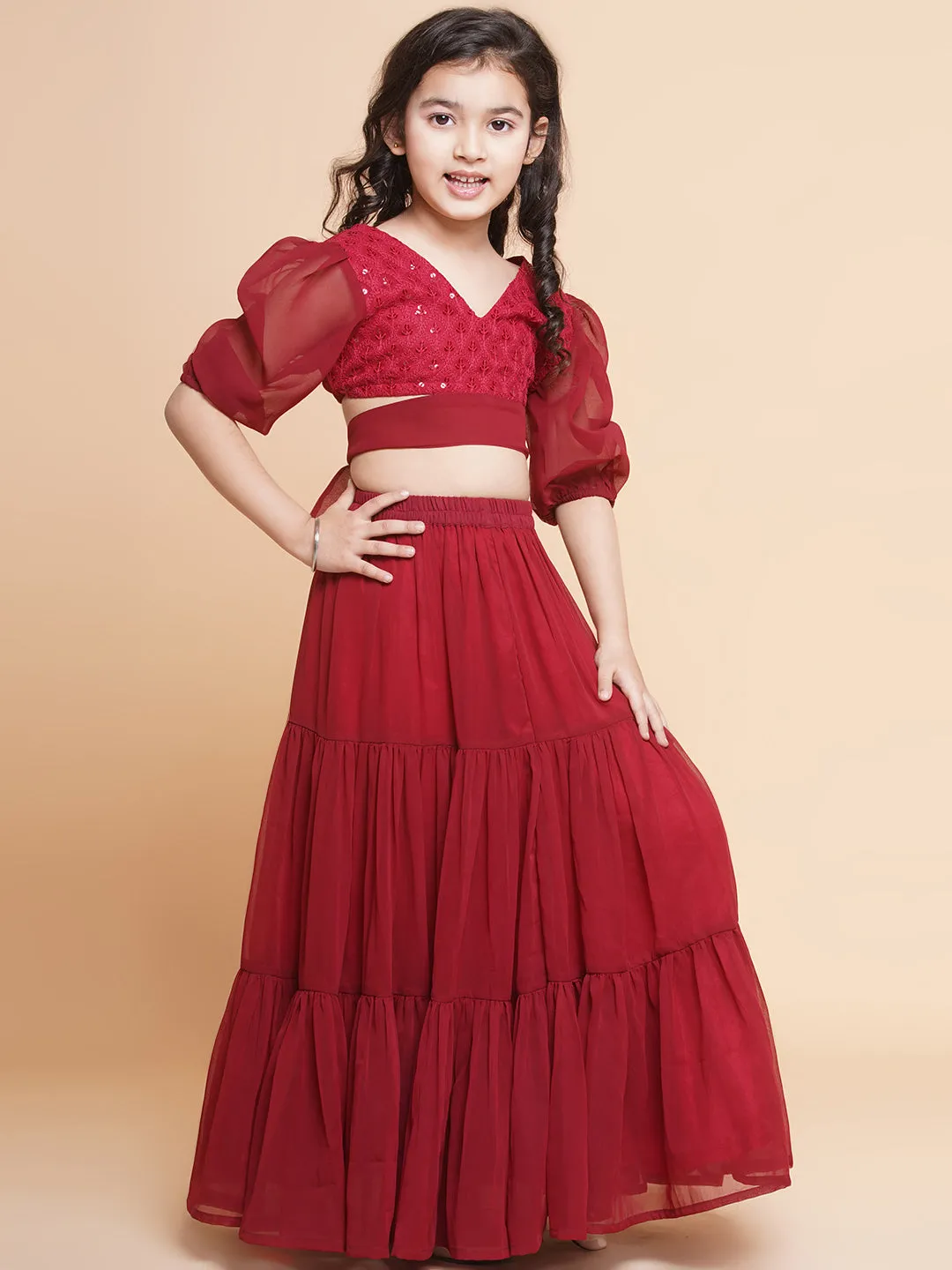 Girls Maroon Poly Georgette Embroidered Sequinned Choli Ready To Wear Lehenga - Bitiya By Bhama