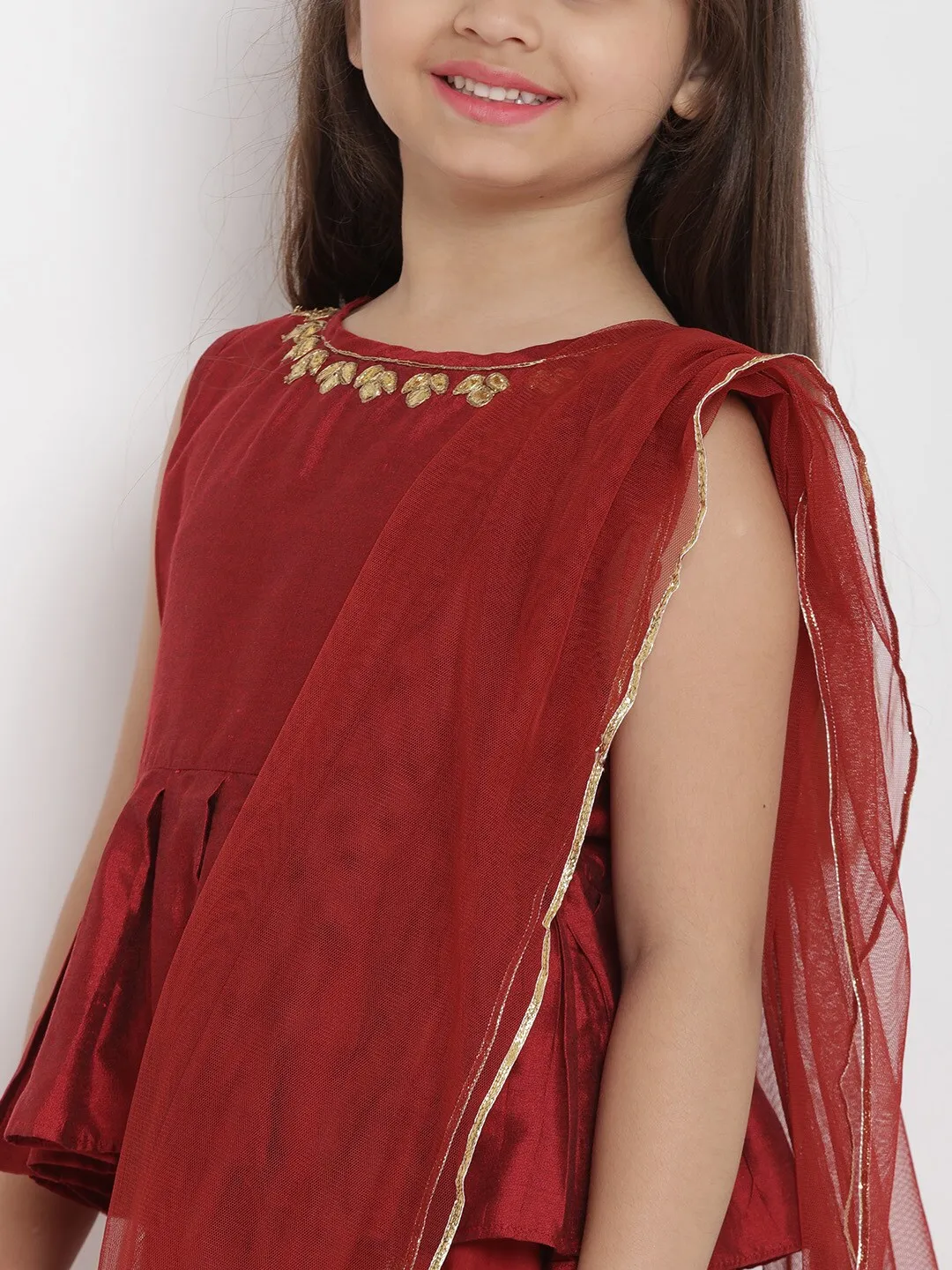 Girl's Maroon Solid Top With Skirt - Bitiya By Bhama