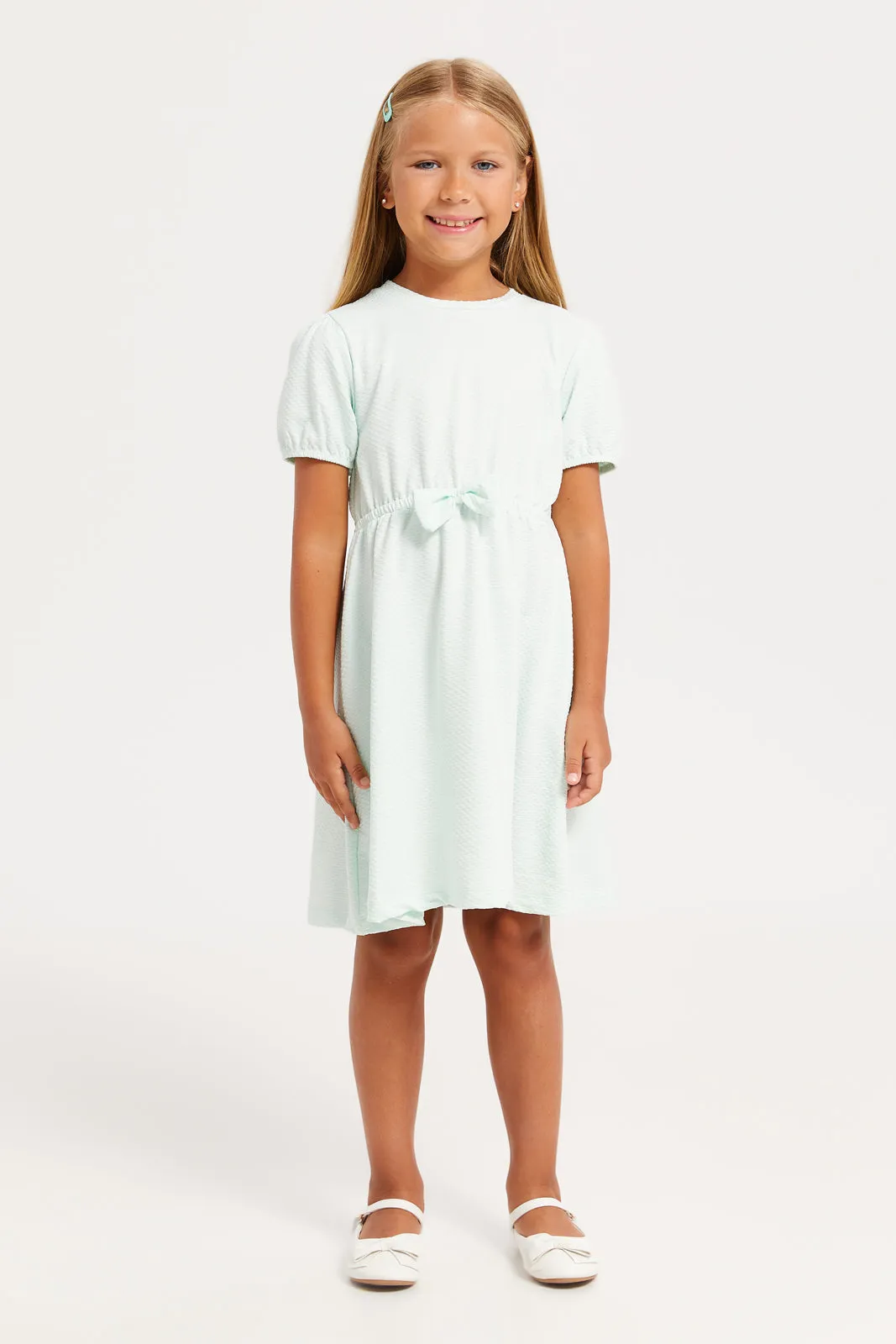 Girls Mint Knit Jacquard Elasticated Dress Whit Bow