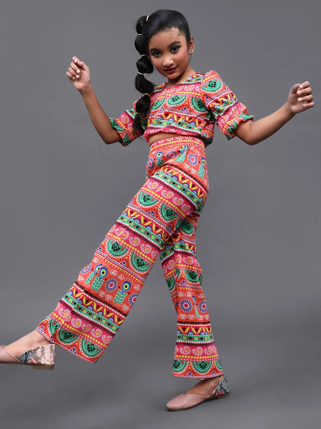 Girl's Multicolor Floral Printed Top With Palazzo Set - Aks Girls