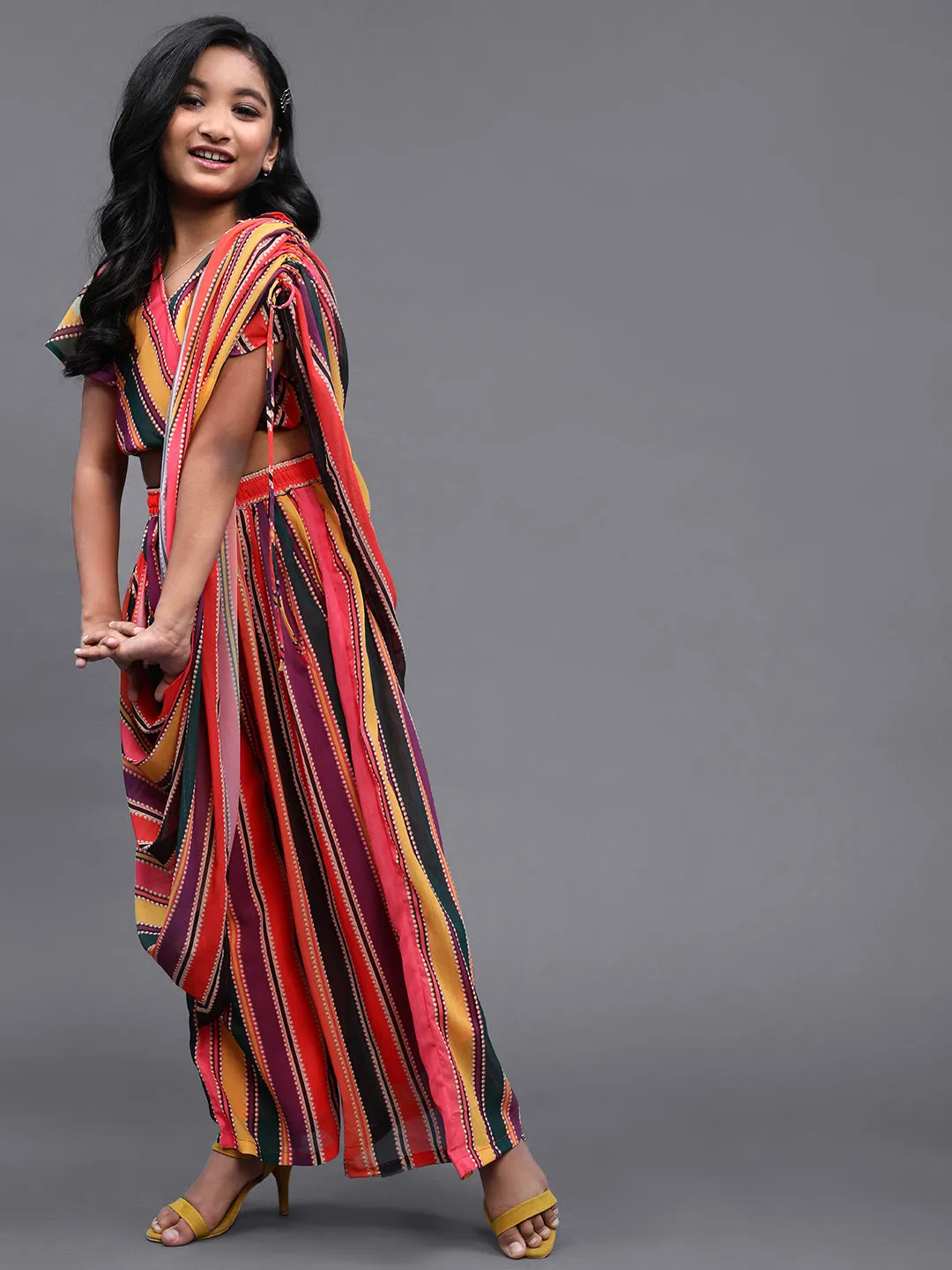 Girl's Multicolor Striped Printed Palazzo Saree With Blouse - Aks Girls