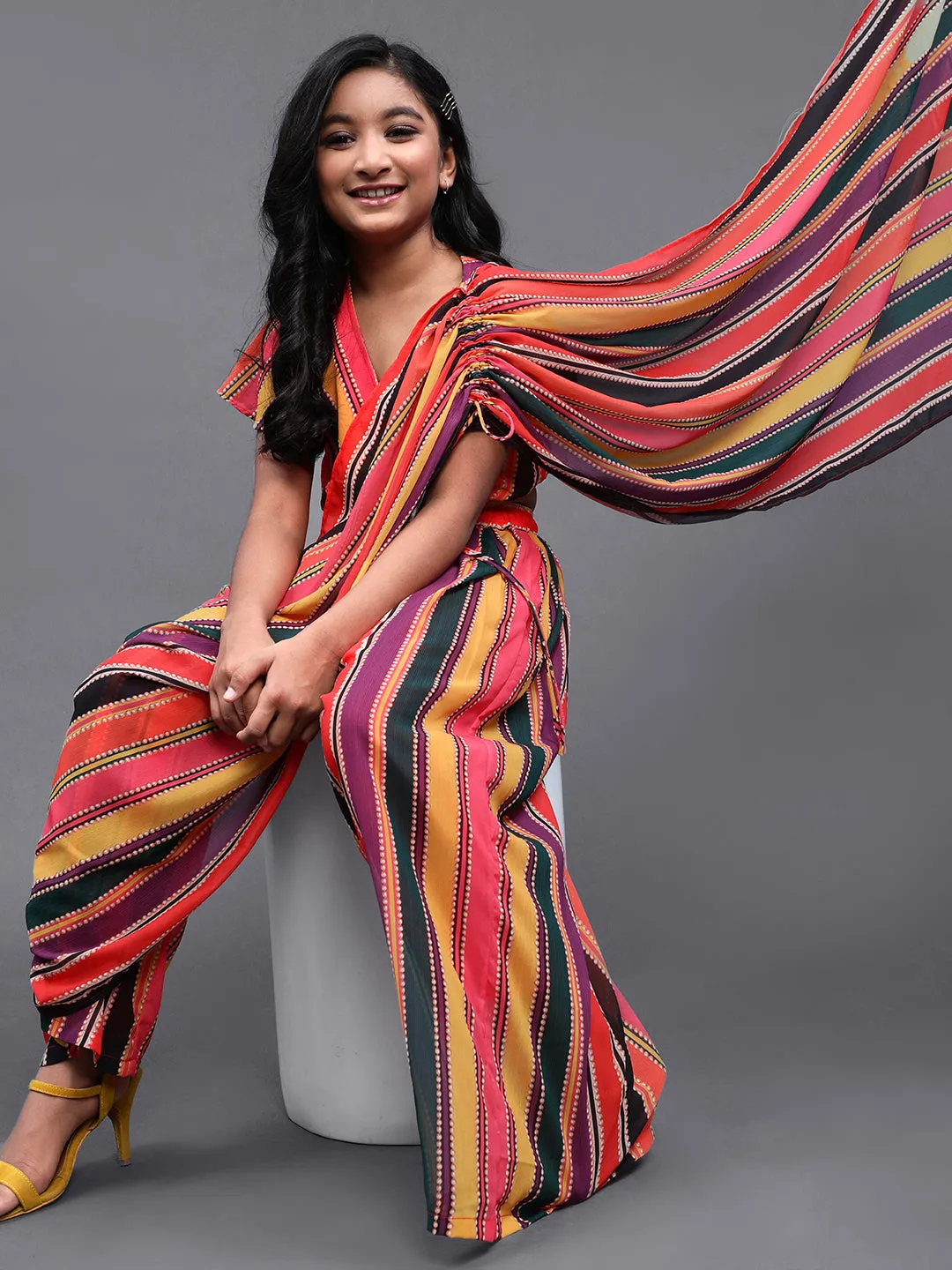 Girl's Multicolor Striped Printed Palazzo Saree With Blouse - Aks Girls