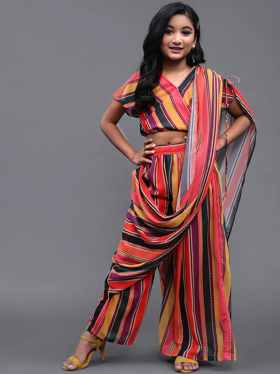 Girl's Multicolor Striped Printed Palazzo Saree With Blouse - Aks Girls