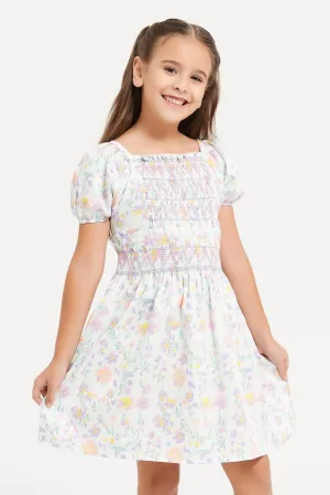 Girls Multicolour Floral Print Smocking Dress