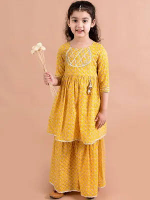 Girls Mustard Yellow Floral Printed Pure Cotton Kurta With Sharara - Ps Peaches