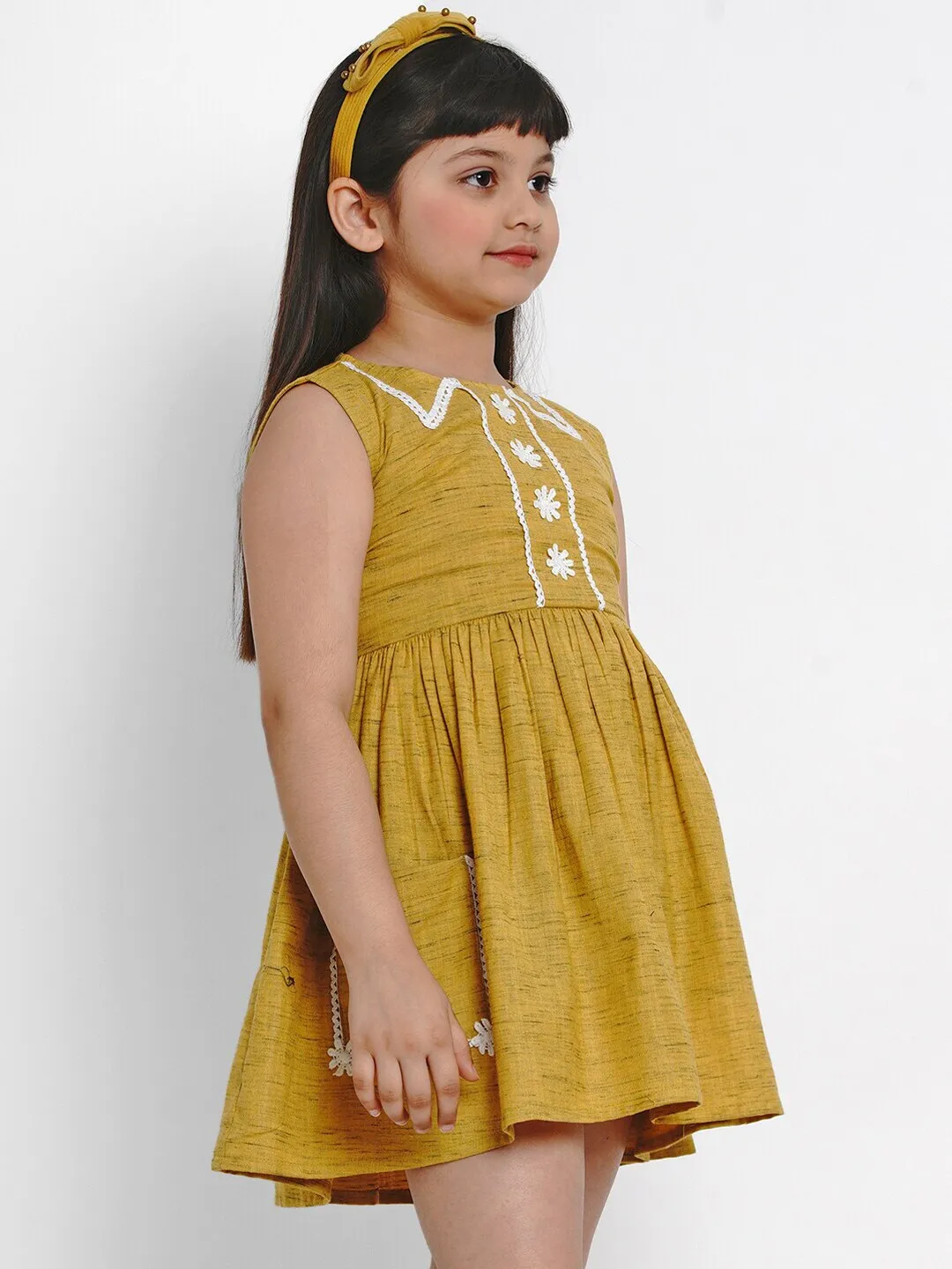 Girl's Mustard Yellow Solid Fit And Flare Dress  - NOZ2TOZ KIDS