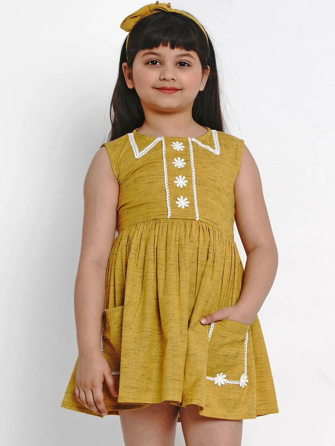 Girl's Mustard Yellow Solid Fit And Flare Dress  - NOZ2TOZ KIDS