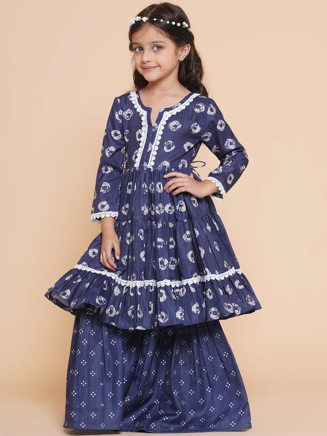 Girl's  Navy Bandhani  Printed With Cotton Lace Kurta With Sharara - Bitiya By Bhama