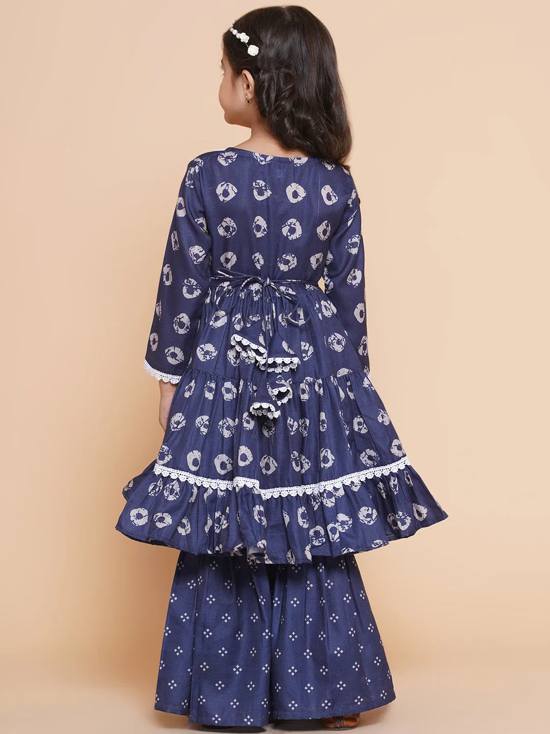 Girl's  Navy Bandhani  Printed With Cotton Lace Kurta With Sharara - Bitiya By Bhama