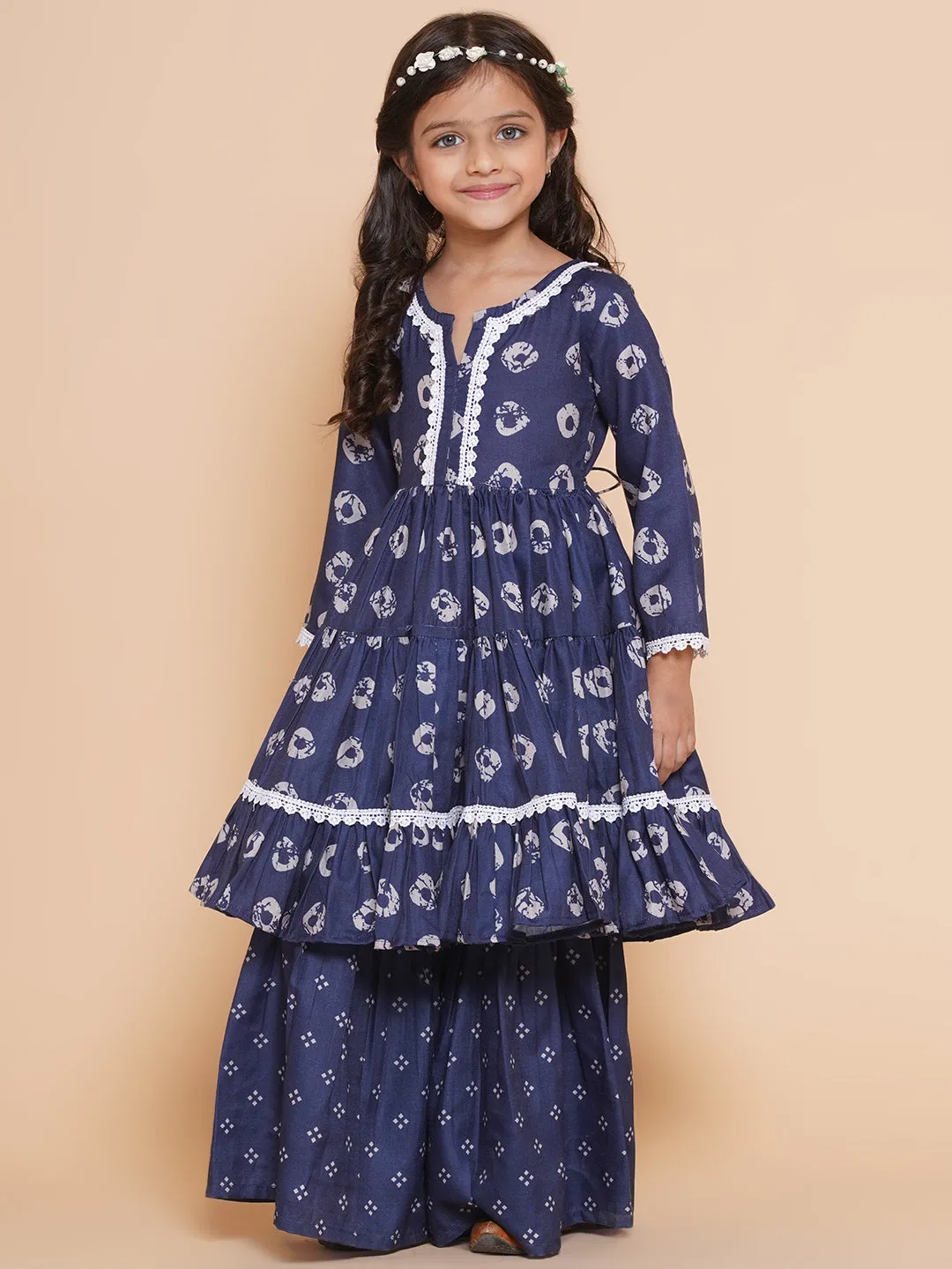 Girl's  Navy Bandhani  Printed With Cotton Lace Kurta With Sharara - Bitiya By Bhama