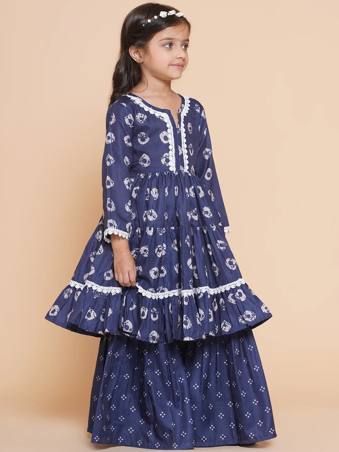 Girl's  Navy Bandhani  Printed With Cotton Lace Kurta With Sharara - Bitiya By Bhama