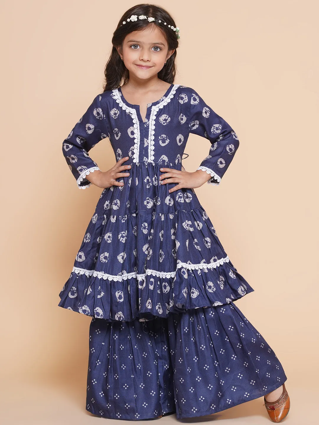 Girl's  Navy Bandhani  Printed With Cotton Lace Kurta With Sharara - Bitiya By Bhama