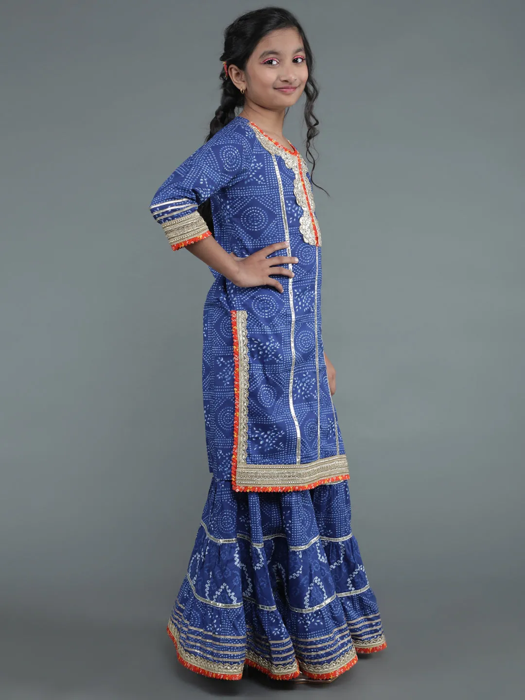 Girl's Navy Blue Bandhani Print Kurta Sharara With Dupatta - Aks Girls