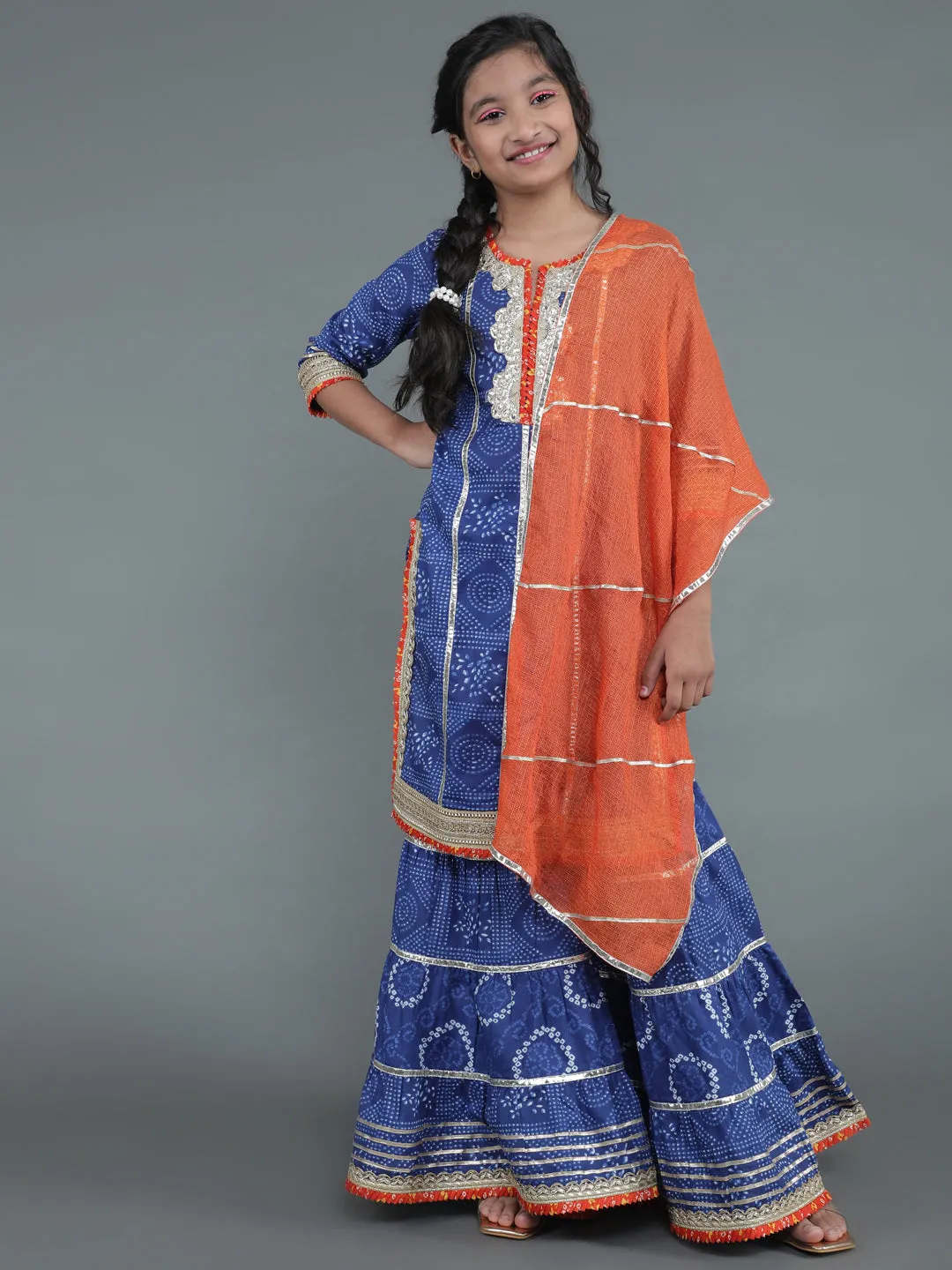 Girl's Navy Blue Bandhani Print Kurta Sharara With Dupatta - Aks Girls