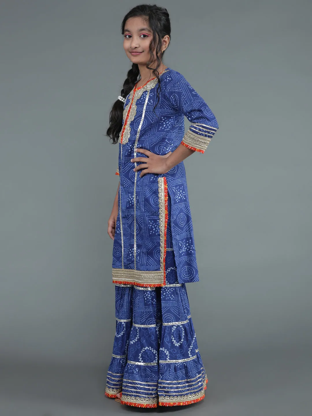 Girl's Navy Blue Bandhani Print Kurta Sharara With Dupatta - Aks Girls