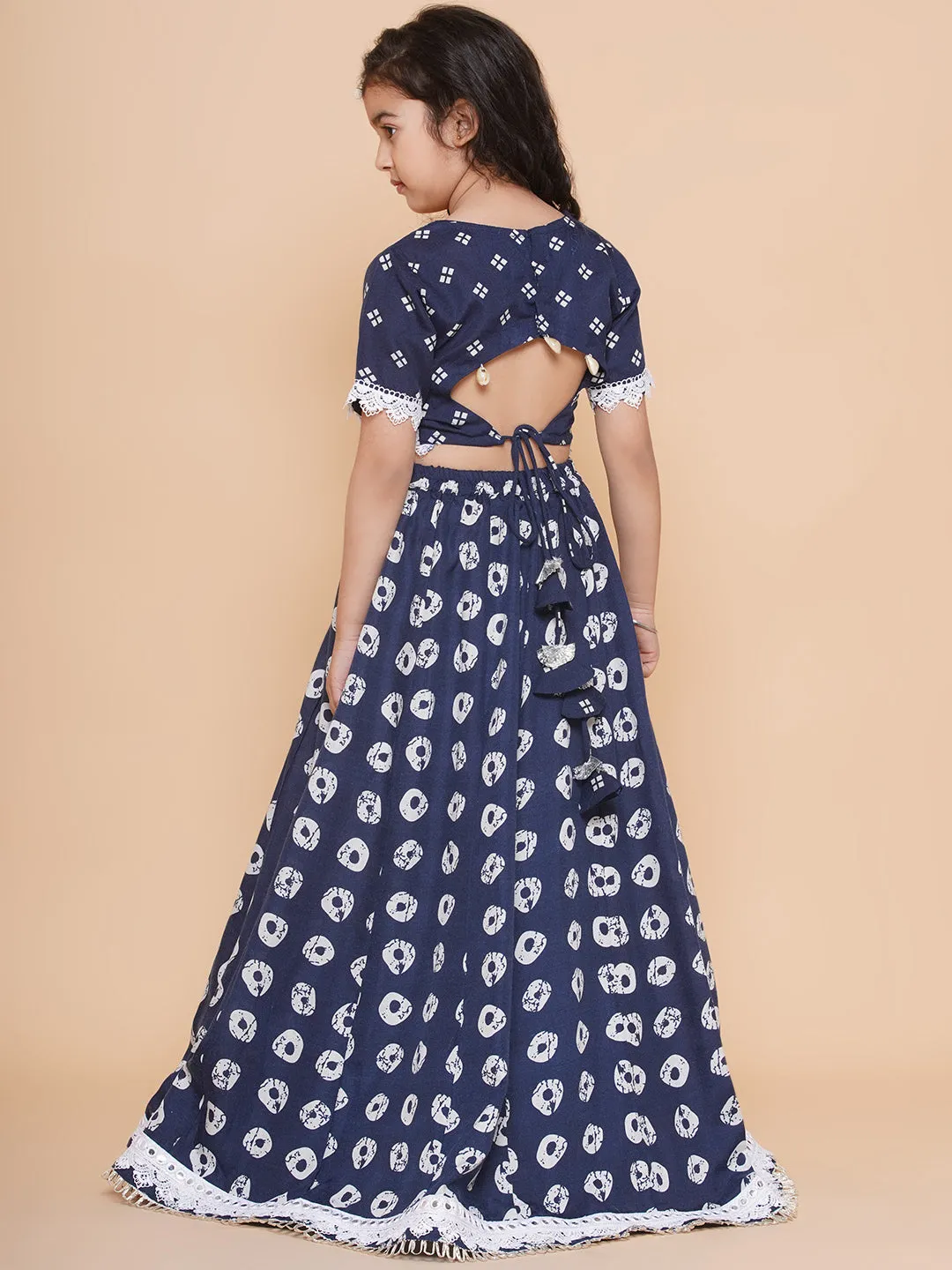 Girls Navy Blue Bandhani Printed Lace Work Lehenga Choli. - Bitiya By Bhama