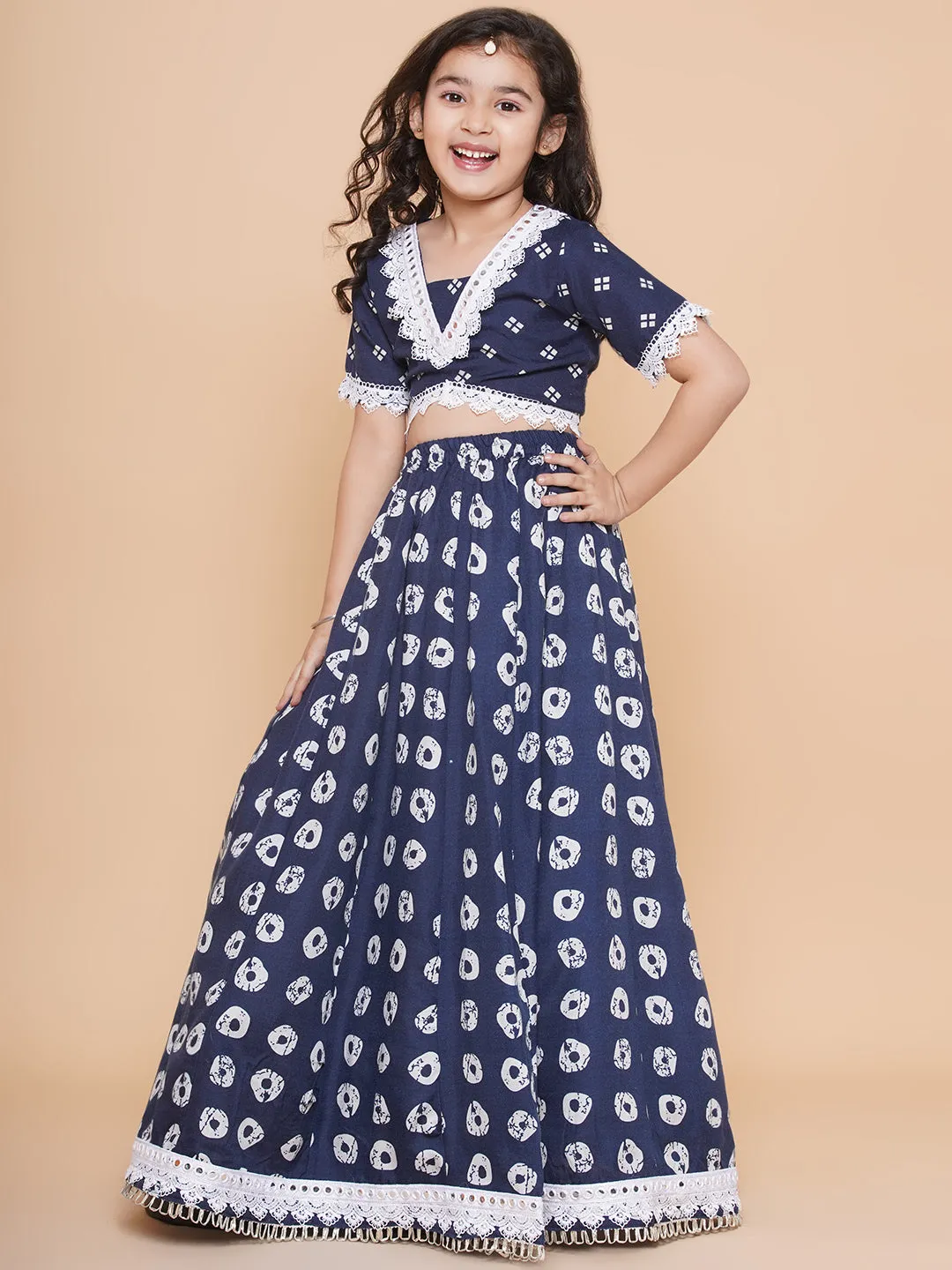 Girls Navy Blue Bandhani Printed Lace Work Lehenga Choli. - Bitiya By Bhama