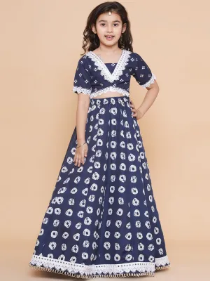 Girls Navy Blue Bandhani Printed Lace Work Lehenga Choli.