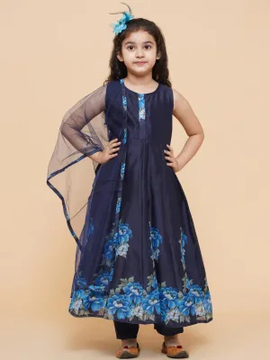 Girl's Navy Blue Digital Print Anarkali With Pant With Dupatta - Bitiya By Bhama