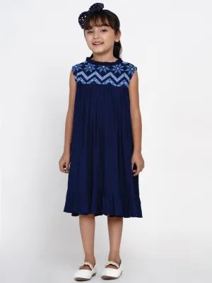 Girl's Navy Blue Embroidered A-Line Dress - Bitiya By Bhama